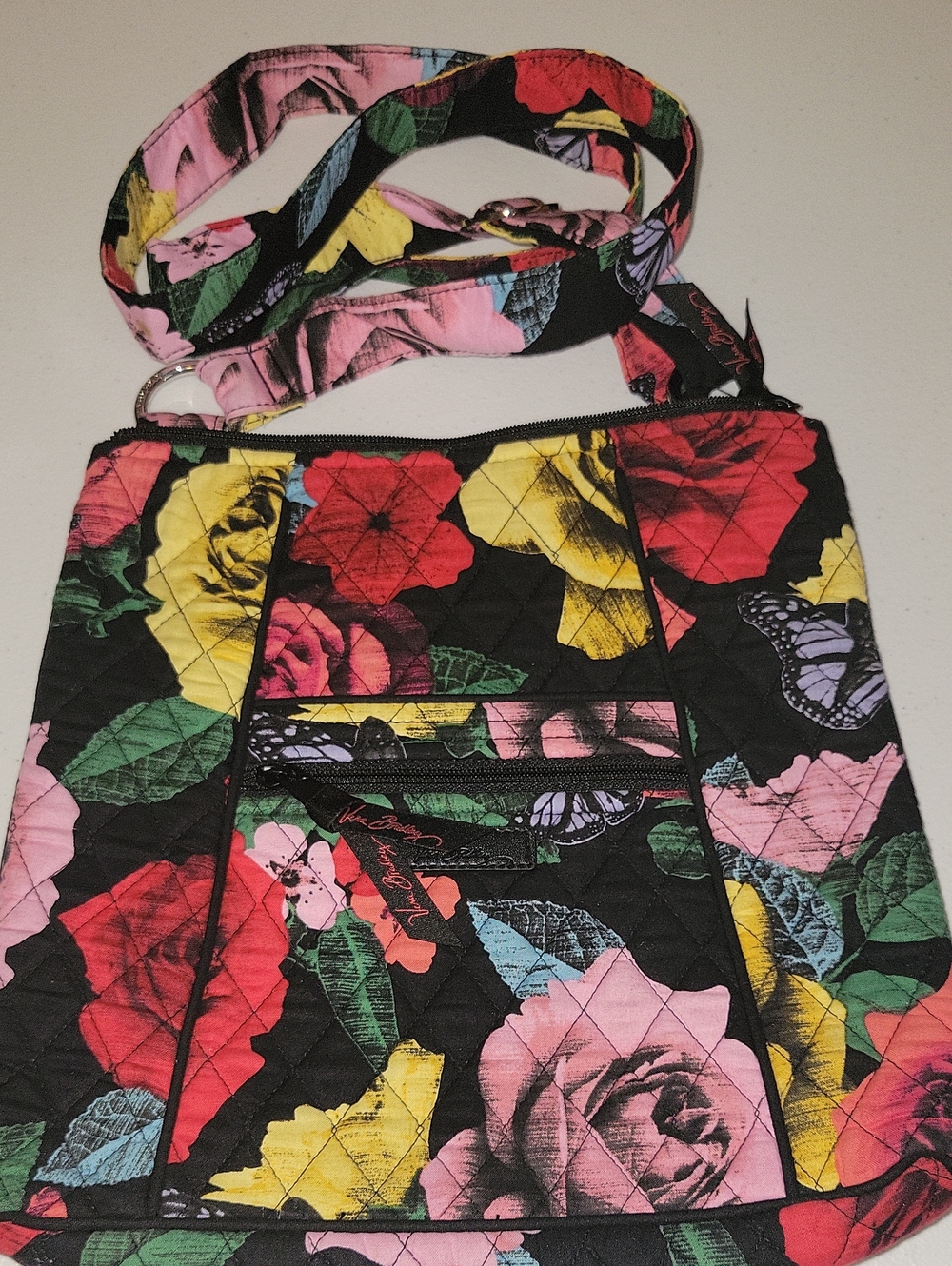 Vera Bradley Black Floral Quilted Crossbody with Multicolor Blooms